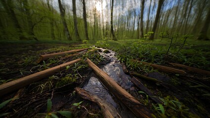 Naklejka premium Tranquil stream flowing through lush green forest with sunlit trees
