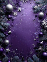 A vibrant scene filled with festive decorations showcases rich purple and shimmering silver elements. Pine branches, stars, and ornaments create a magical winter atmosphere, perfect for celebration.