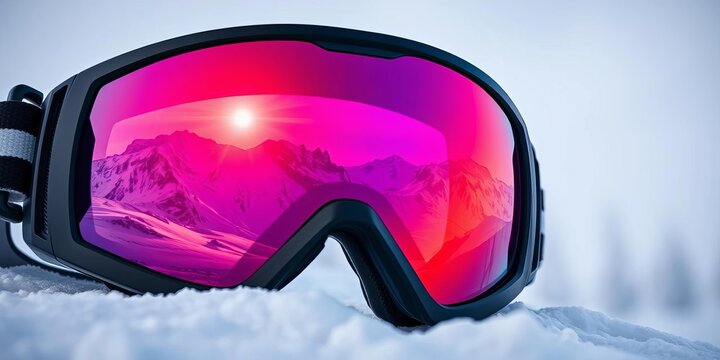 Modern ski goggles with a mirrored lens reflect a snowy mountain landscape,  alpine,  reflection - Powered by Adobe