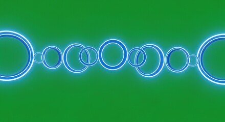 Dynamic Interlocking Blue Glowing Rings on Vibrant Green Abstract Background