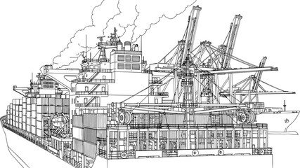 Container ship at busy port, cargo cranes loading freight, maritime logistics, global trade, industrial transport, shipping infrastructure, economy