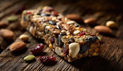 Close-up granola bar on rustic wood