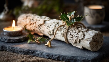 Decorative, light-beige carved log wrapped with twine, holly sprigs, and a small bell, on a dark gray stone surface with a candle