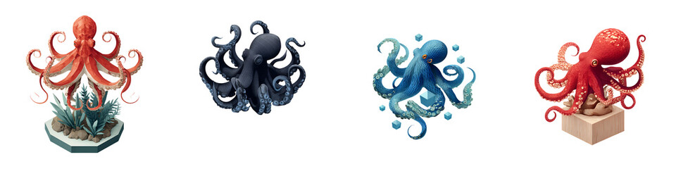 Octopus Collection: Watercolor Illustration on White Background