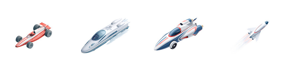 Isometric set of speed transportation isolated on white background, including race car, train, futuristic car, and jet taking off, vector illustration