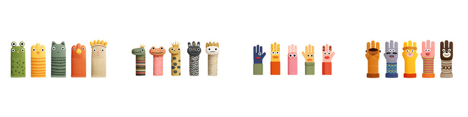 Hand Puppet Collection: Rows of Colorful Playful Glove Puppets on White