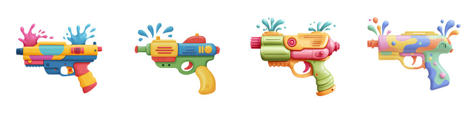 Collection of Four Colorful Plastic Water Guns Shooting Water on White Background, Summer Fun, Isolated Children's Toys, Illustration Style