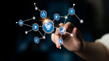 A hand interacts with a digital interface showcasing various technology concepts, emphasizing the importance of data and analytics in modern business growth and innovation. Tessel