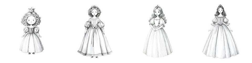 Hand-Drawn Set of Princesses in Ball Gowns: Cute Whimsical Illustration on White