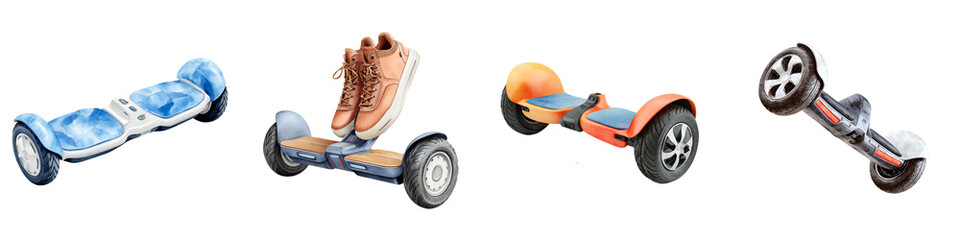 Watercolor Illustration Set of Self-Balancing Scooters Isolated on White