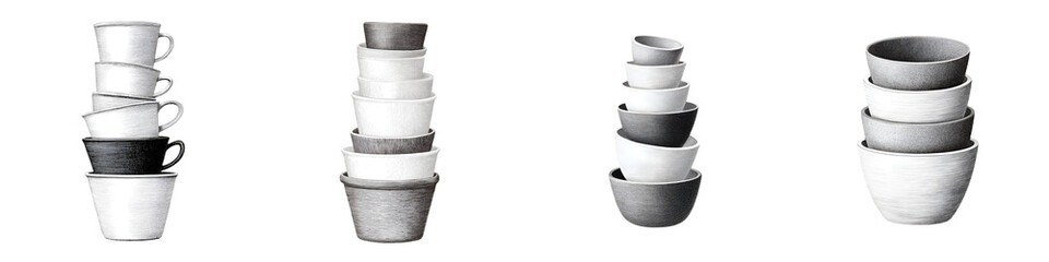 Monochrome Watercolor Stacks of Cups Isolated on White Background