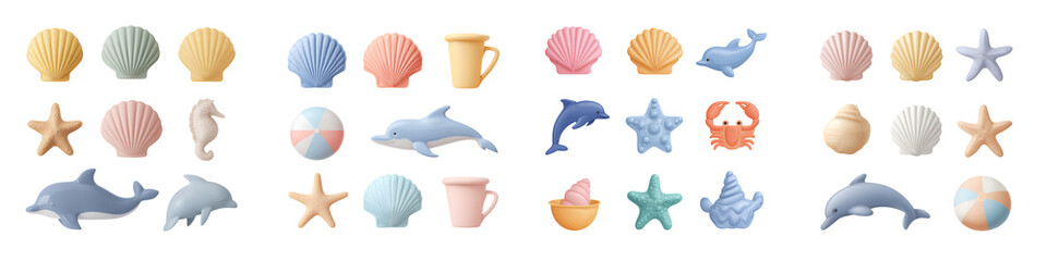 Pastel Beach and Ocean Themed Elements Arranged on White Background: Seashells, Starfish, Dolphins, Crab, Sea Horse and Ball