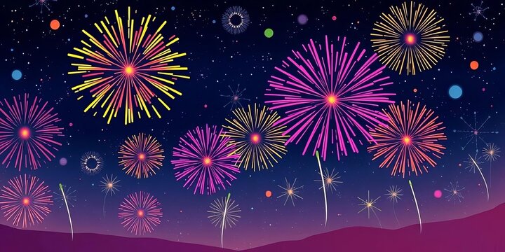 Vibrant cartoon fireworks bursting in a night sky, whimsical and colorful, perfect for celebration designs, joyful, burst