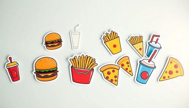 Vibrant collection of playful fast food stickers, featuring cartoon burgers, fries, pizza, and drinks, arranged on a clean background, cute, food art