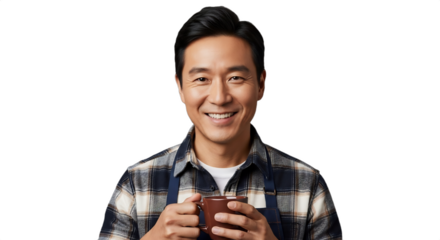 A smiling 40-45-year-old East Asian barista in a warm flannel shirt and apron, gently holding a mug of hot chocolate. Ideal for winter promotions, coffee shop branding, holiday menus,