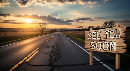 A wooden sign with the words see you soon stands beside a long, cracked road leading into a vibrant sunset, symbolizing farewells and future reunions