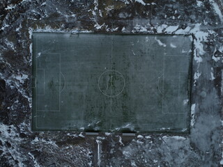 Snowy football field in South Greenland's largest city - Qaqortoq. 