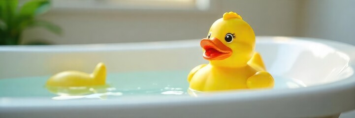 Playful Yellow Rubber Duck Ready for a Bathtime Adventure in a White Tub
