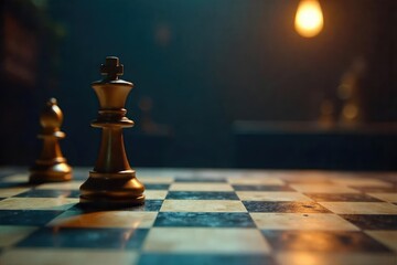 Strategic Chess Knight Contemplative Pose on Worn Chessboard in Dimly Lit Room, Evoking Careful Planning and Calculated Risk in a Game of Strategy and Maneuvering