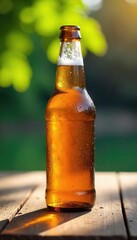 A chilled bottle of beer with condensation, sitting on a rustic wooden table outdoors in bright sunlight Perfect for summer refreshment imagery , bottled beer, table, cap
