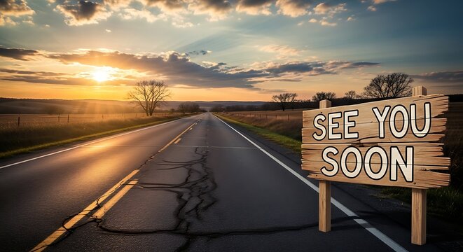 A wooden sign with the words see you soon stands beside a long, cracked road leading into a vibrant sunset, symbolizing farewells and future reunions - Powered by Adobe