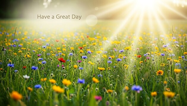 Sunlight streams down on a vibrant meadow filled with colorful wildflowers, creating a serene and uplifting scene with a have a great day message