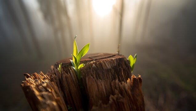 Young plant growing from tree stump symbolizing resilience and new beginnings - Powered by Adobe