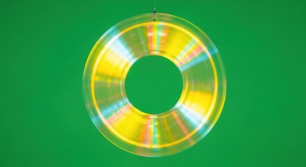Spinning Transparent Ring with Vibrant Rainbow Streaks Against a Solid Green Background