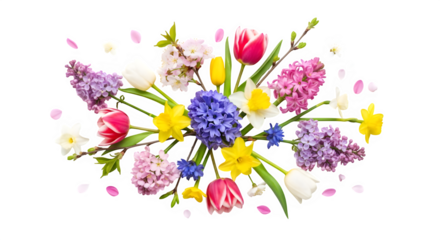 A vibrant spring bouquet isolated on transparent background featuring a mix of colorful tulips, daffodils, hyacinths, and lilacs, creating a cheerful and festive floral arrangement