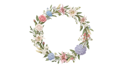A watercolor floral wreath isolated on transparent background featuring roses, hydrangeas, lilies, and greenery, creating a delicate and romantic botanical frame