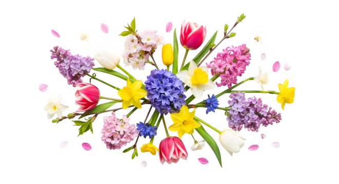 A vibrant spring bouquet isolated on transparent background featuring a mix of colorful tulips, daffodils, hyacinths, and lilacs, creating a cheerful and festive floral arrangement