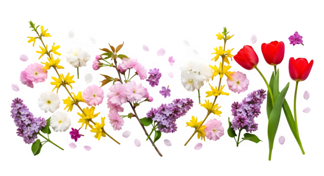 A delicate spring flower arrangement isolated on transparent background featuring tulips, lilacs, cherry blossoms, and forsythia, creating a whimsical and colorful floral display
