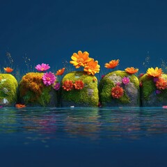 Colorful flowers on mossy rocks by water