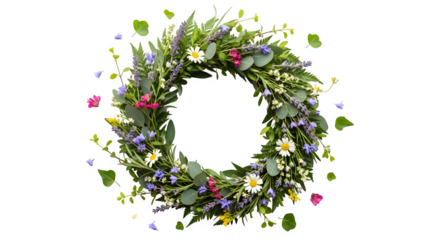 Enchanting floral wreath isolated on transparent background, adorned with vibrant wildflowers and lush greenery, perfect for wedding invitations, greeting cards, and natureinspired designs