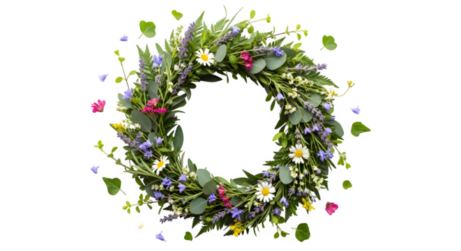 Enchanting floral wreath isolated on transparent background, adorned with vibrant wildflowers and lush greenery, perfect for wedding invitations, greeting cards, and natureinspired designs