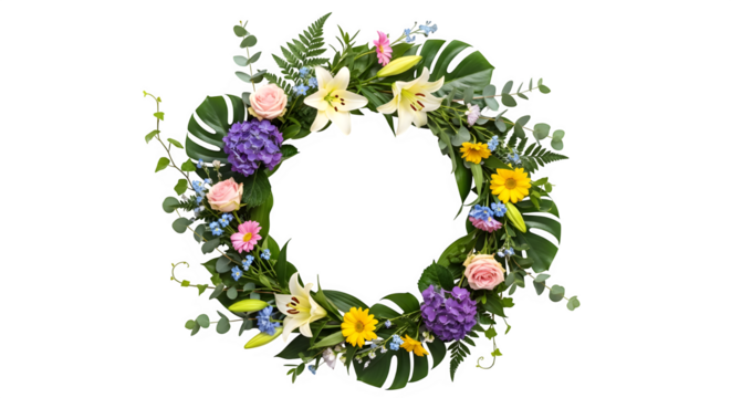 Watercolor floral wreath with roses, peonies, and greenery isolated on transparent background, perfect for invitations, cards, and other creative projects, adding a touch of elegance and charm - Powered by Adobe