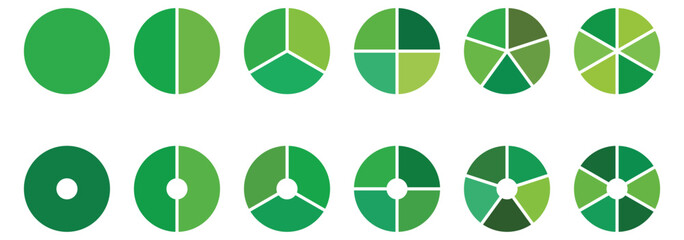 Set of colorful pie charts. Colorful pie charts with varying segments. Circle section graph. Pie chart set. Pie charts diagrams. Different color circles. donut and pie chart infographic elements .