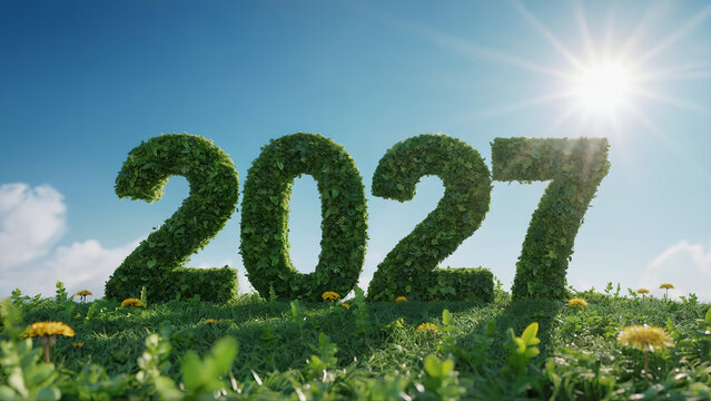 2027 eco concept with lush green numbers made of grass and leaves under sunny blue sky — symbol of sustainability, environmental awareness, growth, and positive future for a greener planet