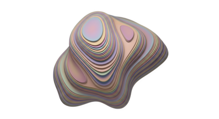 Abstract 3D organic shape with iridescent layered texture on a white background.