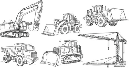 Heavy construction machinery blueprint, excavator, bulldozer, dump truck, wheel loader, tower crane, engineering equipment, industrial vehicle illustration
