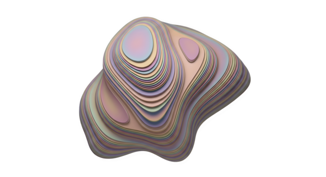 Abstract 3D organic shape with iridescent layered texture on a white background.