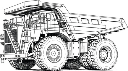 Heavy-duty mining dump truck technical blueprint, industrial vehicle illustration, construction machinery, engineering drawing, rugged transport equipment design © Joyaber's World