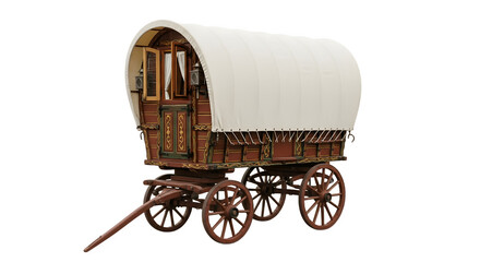 Antique wooden caravan with white canvas roof and wheels.
