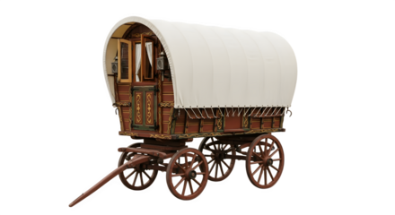 Antique wooden caravan with white canvas roof and wheels.