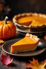 Rustic Autumn Pumpkin Pie Scene Whole and Sliced Pie with Whipped Cream, Autumn Leaves on Wooden Table. Warm, inviting Thanksgiving and Fall Baking imagery.