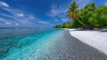 Leaning Palm Tree Over Crystal Clear Turquoise Water and White Pebble Beach Under a Bright Blue Sky with Wispy Clouds on a Tropical Island
