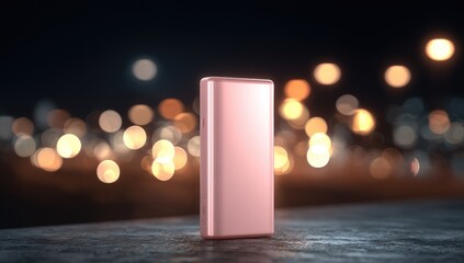 Rose gold smartphone mock-up on dark surface, city lights bokeh