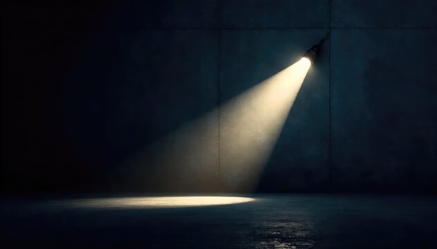 A single beam of flashlight light cuts through the darkness, illuminating a textured wall The light source is slightly out of focus, emphasizing the effect of the beam , power, intense, beam