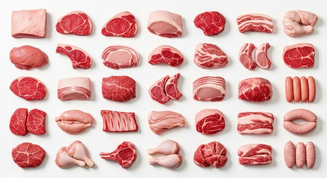 A diverse assortment of raw meat cuts displayed neatly on a white background