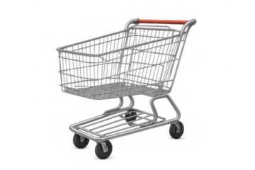 Empty metal shopping cart for retail purchasing and consumerism, isolated with a transparent background